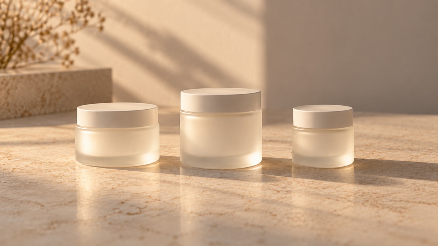 Three small plain frosted containers of different heights lined up on warm porcelain, evenly lit.
