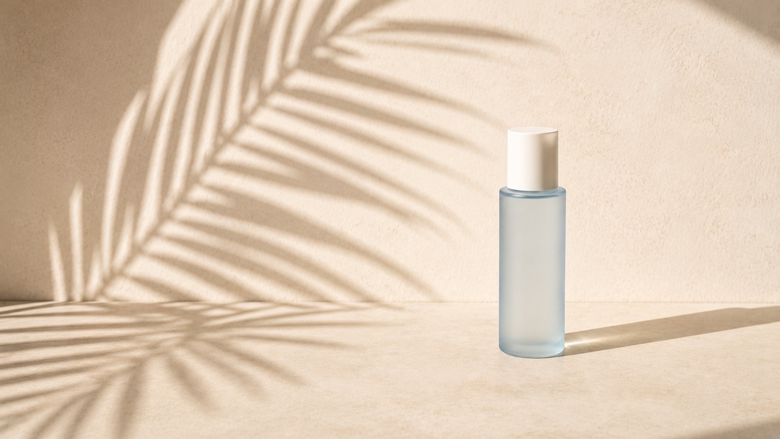 A pale blue-tinted glass bottle under hard summer sun, with the sharp shadow of a palm frond across the surface.