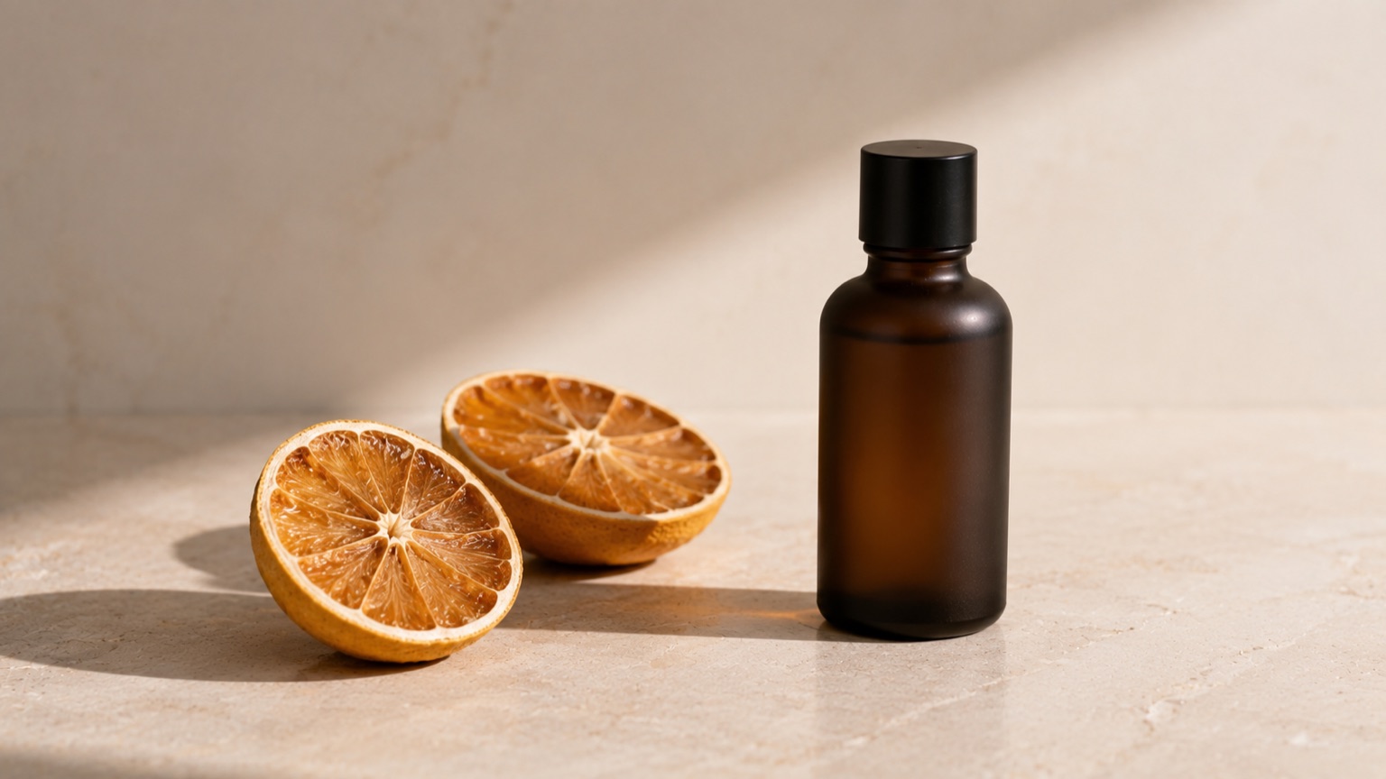 A plain dark-glass bottle beside two halved citrus segments drying on porcelain in warm raking light.