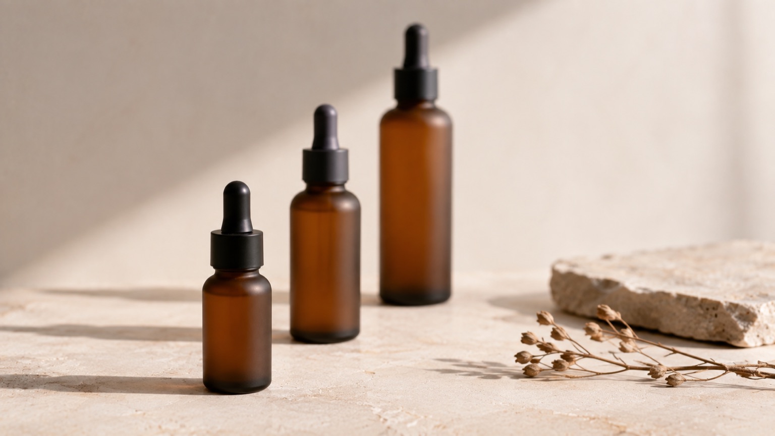 Three unlabelled frosted bottles of ascending height in a row on porcelain, the shortest in sharp focus.