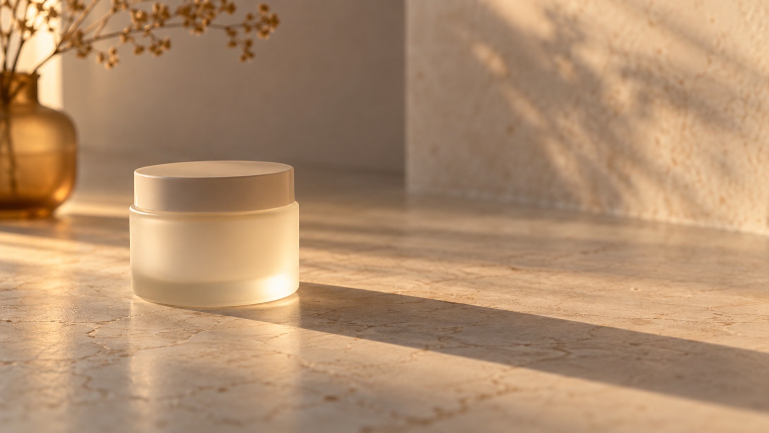 A single unlabelled matte jar on pale stone under low evening light, its shadow long and soft.