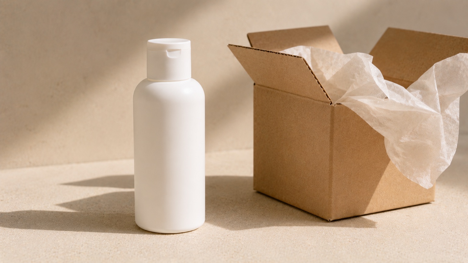 A white skincare bottle standing beside an opened cardboard shipping box with tissue paper.