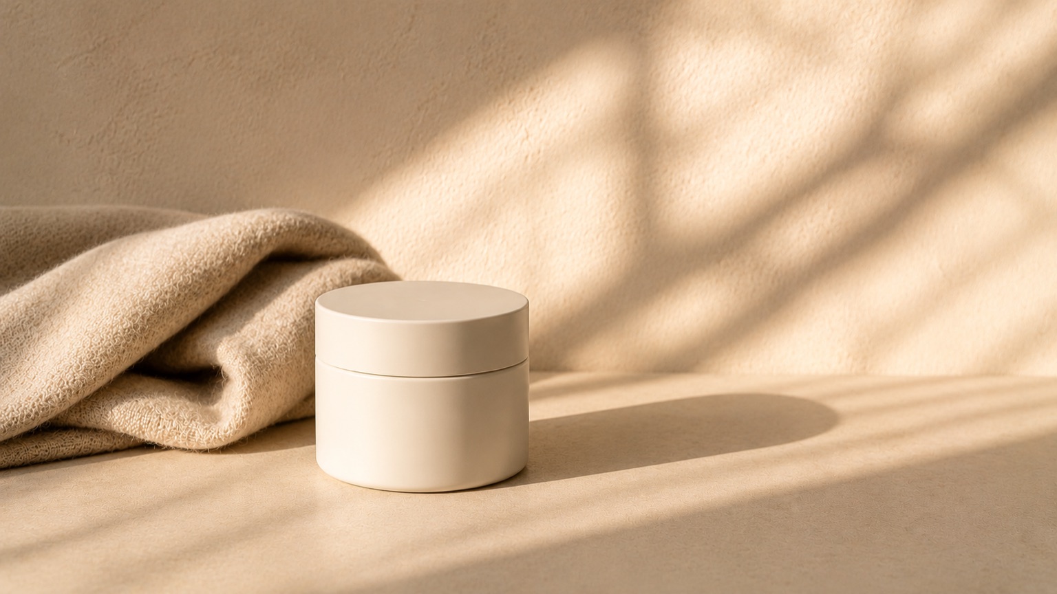 A heavy squat cream jar beside a folded wool cloth in low winter sun, casting long shadows.